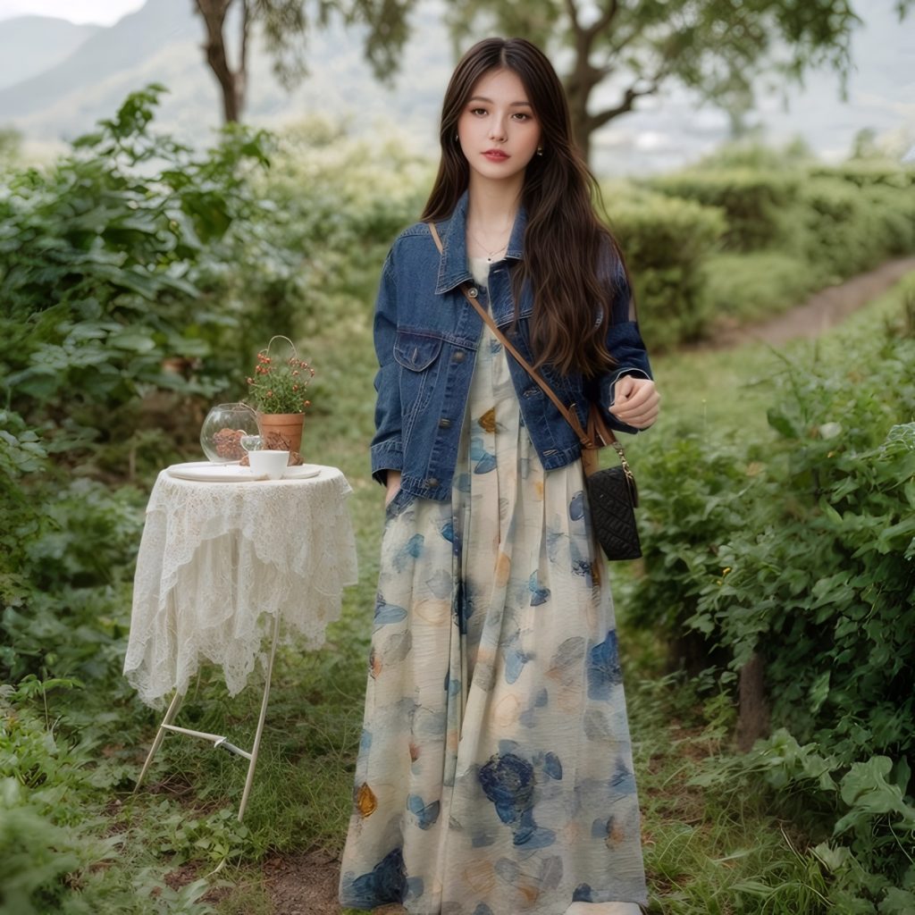 2025 Spring Women's Denim Jacket and Floral Dress Two-Piece Set