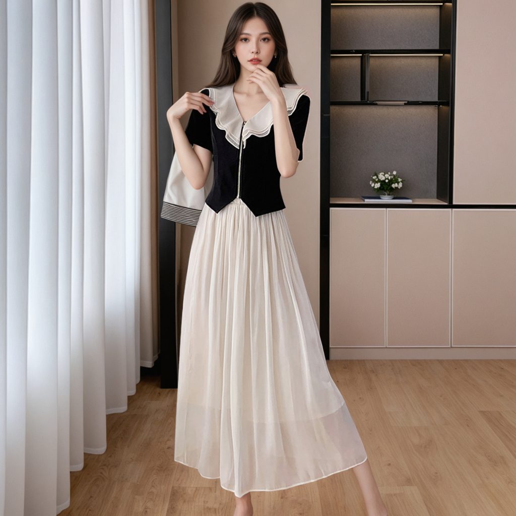 2025 Summer New Fashion Ruffle Collar Zip Top Sweet Gentle Temperament Skirt Hot Two-Piece Set Women