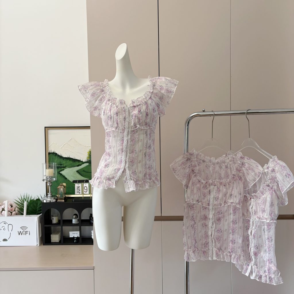 Light Purple Floral Chiffon Blouse Sheer Lightweight Women's Shirt