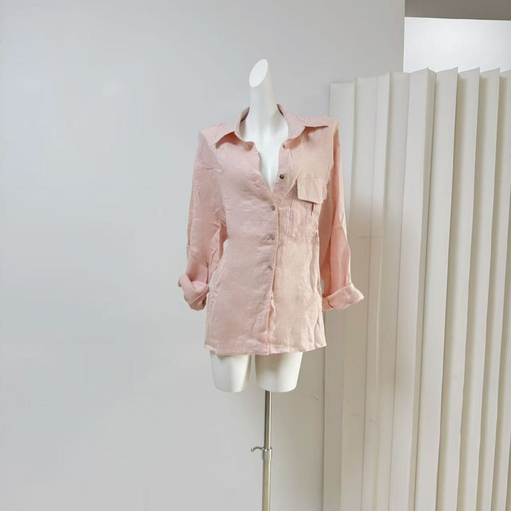 Women's Pink Long Sleeve Collared Shirt Loose Old Money Cotton Linen Top