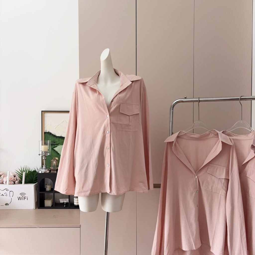 Relaxed Pink Women's Long Sleeve Collared Shirt Versatile Old Money Style Cotton-Linen Top Lazy Style