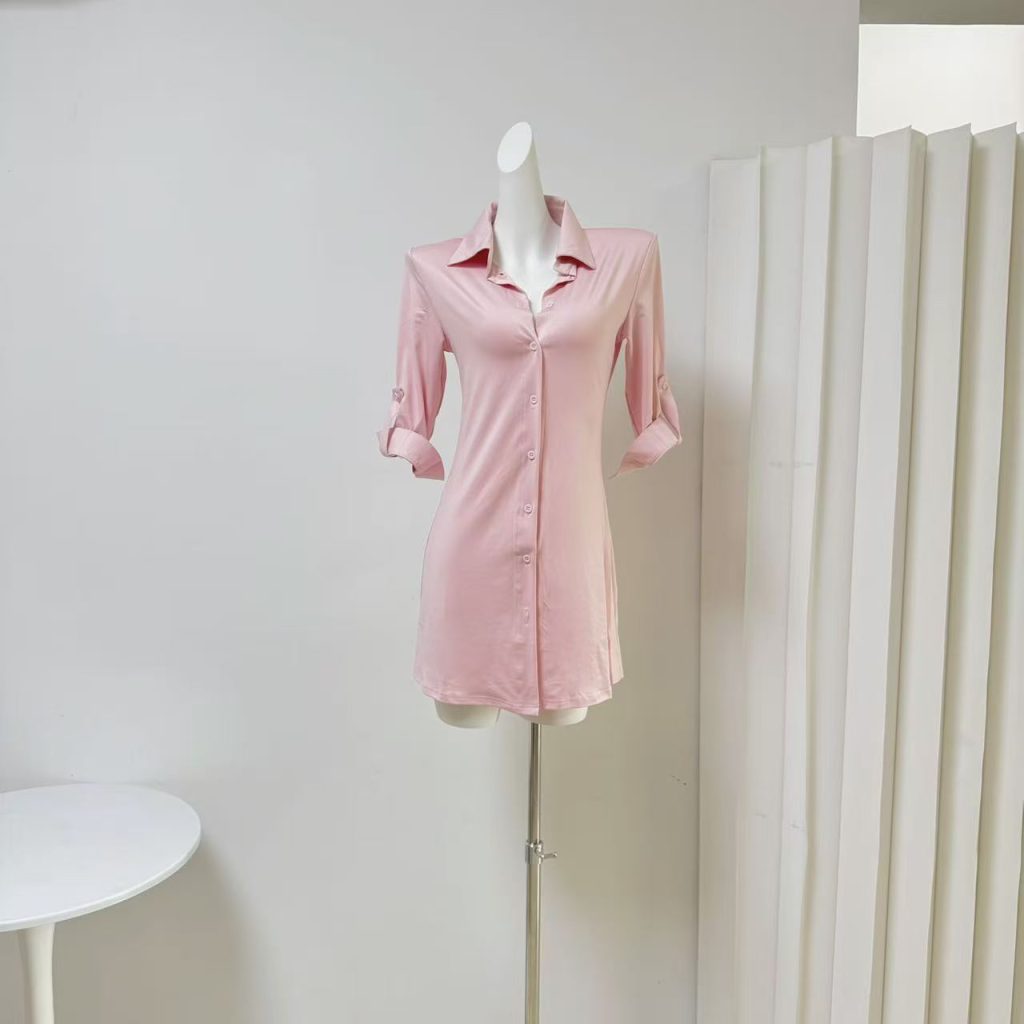 Pink Polo Collar Shirt Dress Summer Slim Fit Short Dress