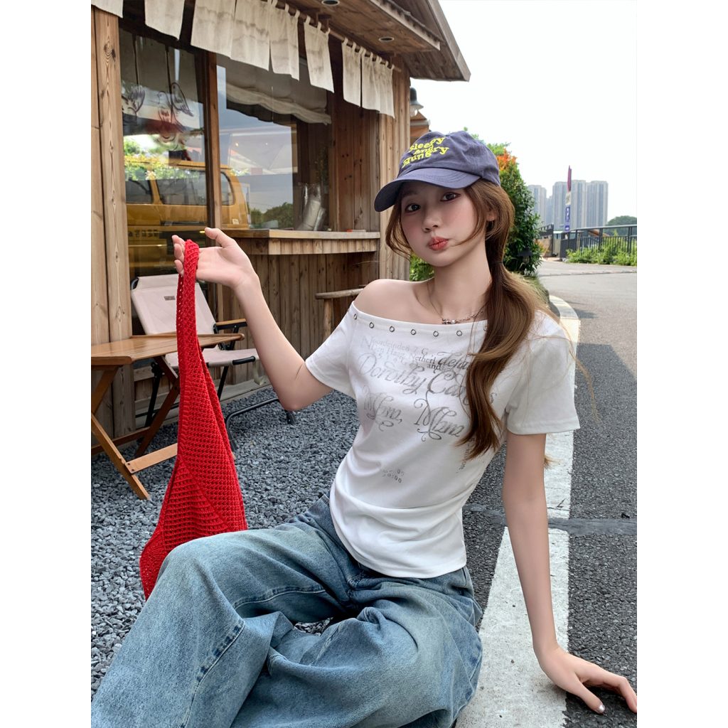 Sweet and Spicy Off-Shoulder Letter Print Slim Fit T-Shirt for Women Summer New Asymmetric Neck Short Sleeve Top