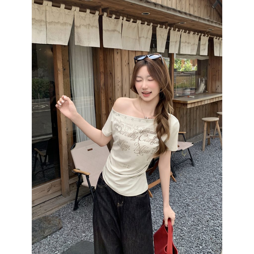 Women's Asymmetric Off-Shoulder Short Sleeve T-Shirt Summer Slim Fit Letter Print Top