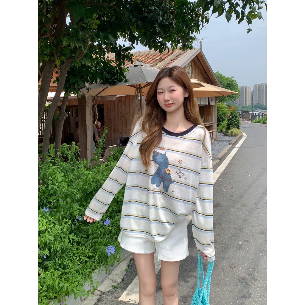 Sweet and Spicy Cartoon Dog Striped Sun Protection Top for Women Summer New Lightweight Slimming Youthful Long Sleeve Shirt