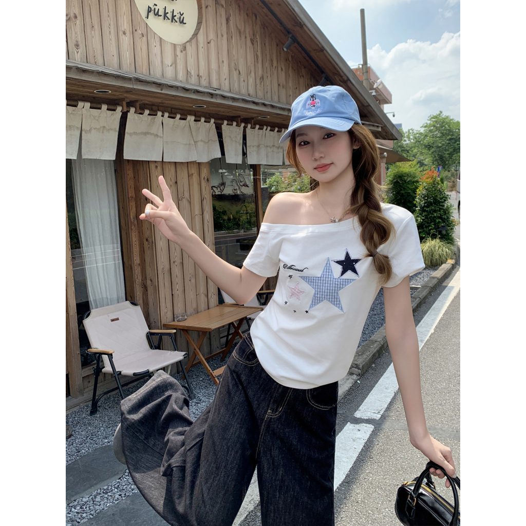 Korean Star Embroidered Off-Shoulder Short Sleeve T-Shirt for Women Summer Slim Fit