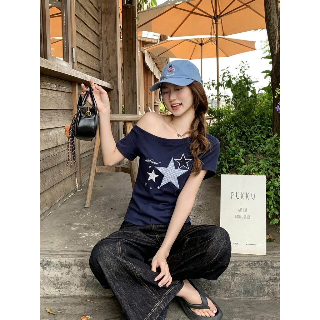 Women's Asymmetric Off-Shoulder Short Sleeve T-Shirt Summer Slim Fit Star Print Top