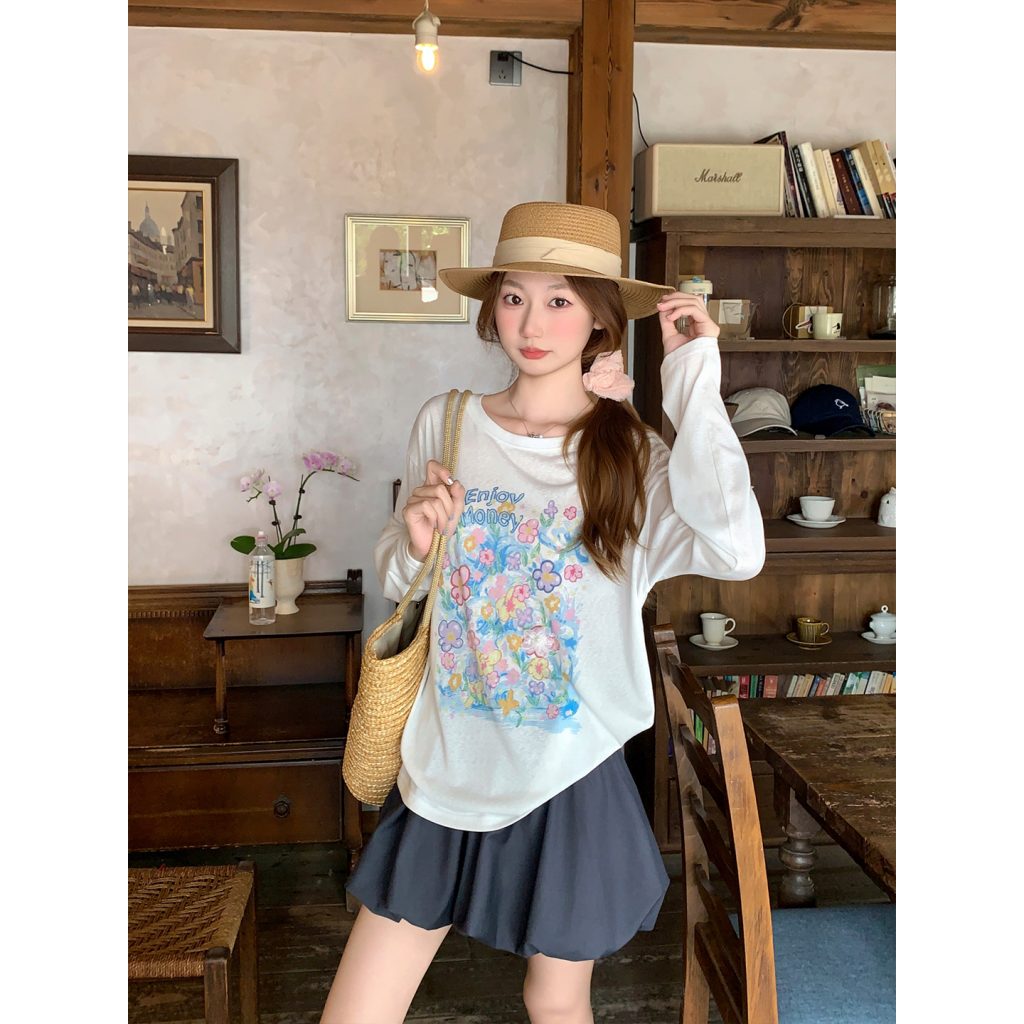 Korean Floral Print Long Sleeve Sun Protection Top for Women Summer Loose Fit