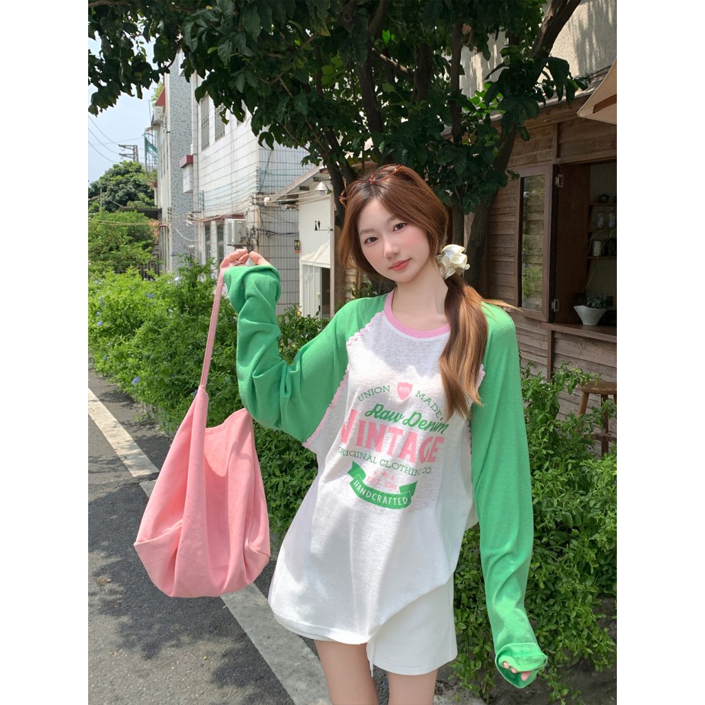 Women's Colorblock Raglan Sleeve Sun Protection Top Summer Letter Print Breathable Loose Slimming Shirt