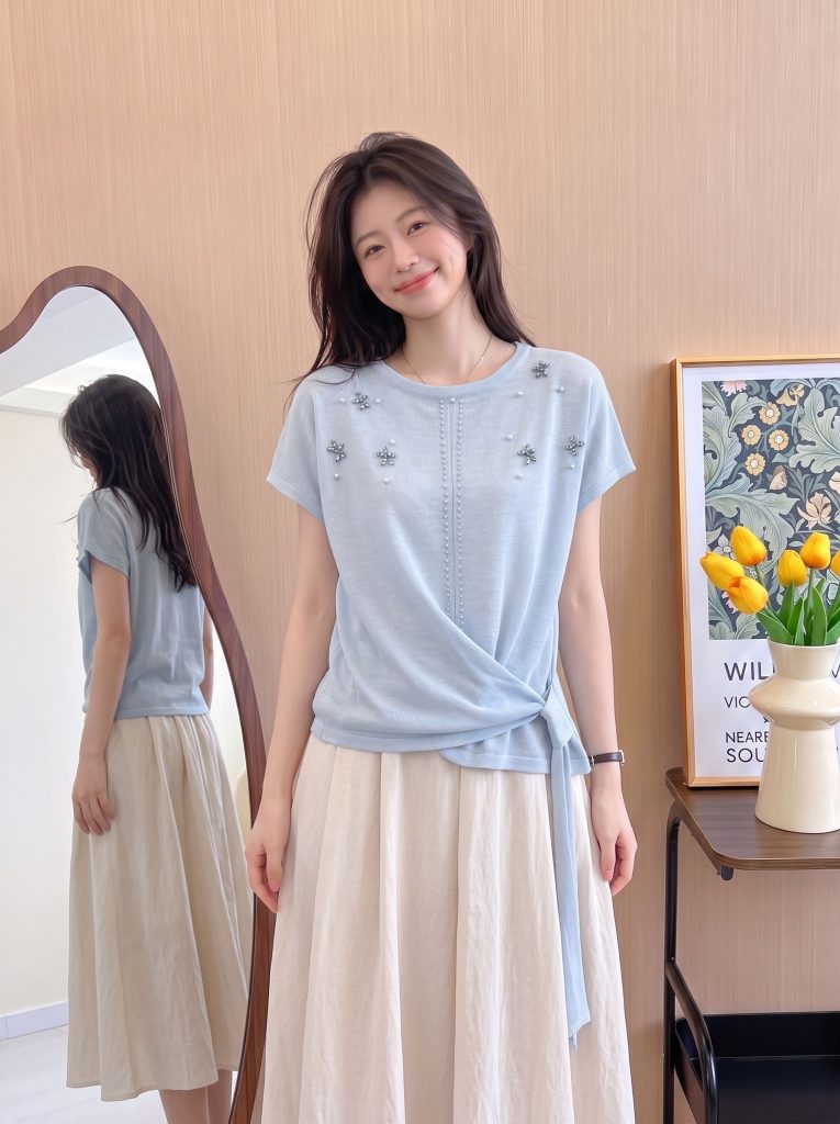 Unique Blue Crewneck Short Sleeve Women's T-Shirt Summer Slimming Tie Waist Top