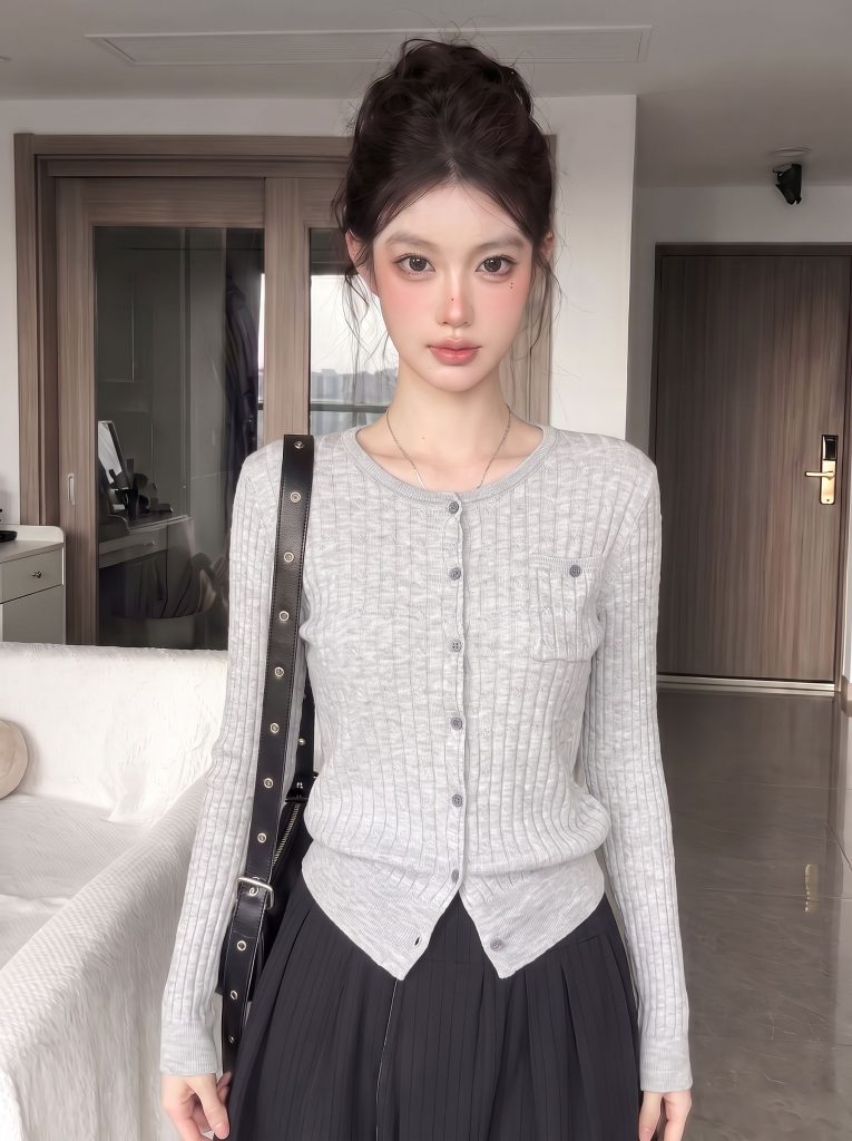 Korean Ribbed Pocket Knit Cardigan Women Spring Light Outerwear Round Neck