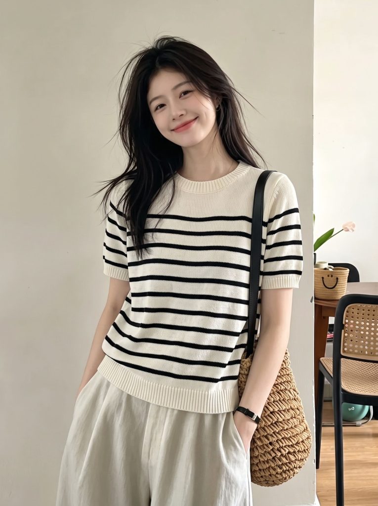 Striped Knit Top Women Round Neck Short Sleeve Summer Thin Loose Slimming Versatile Navy Style T-Shirt