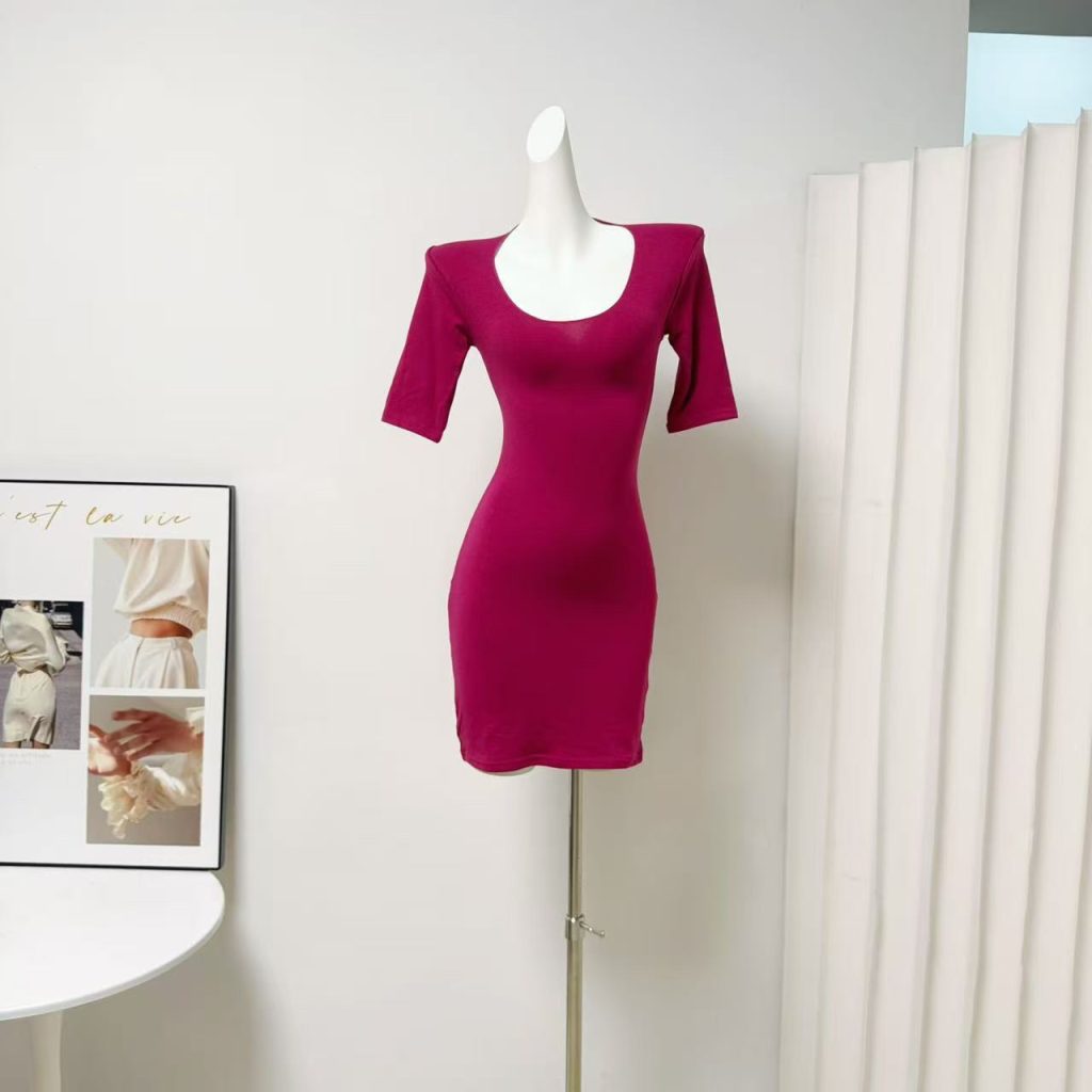 Liviahome U-Neck Mid-Sleeve Bodycon Dress Women Cinched Waist Multi-Color Short Skirt